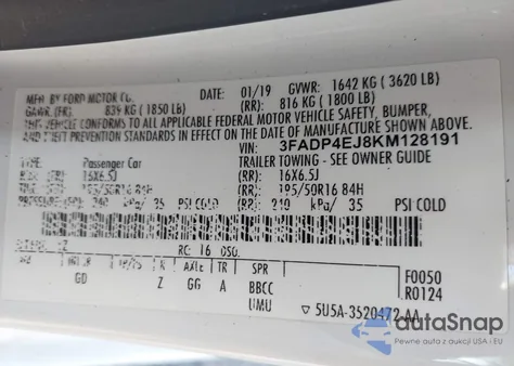 2019 Ford Fiesta Se z USA, uszkodzony, nr VIN 3FADP4EJ8KM128191